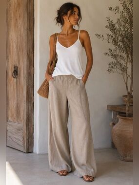 OSKA 100% Linen Wide Leg Pant Size 10 Oatmeal Flax Hi Rise Minimalist Lagenlook